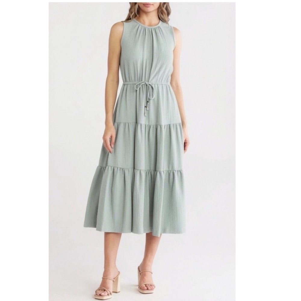Calvin Klein Womens Green Boho Midi Dress Textured Tiered Midi Dress Size 14